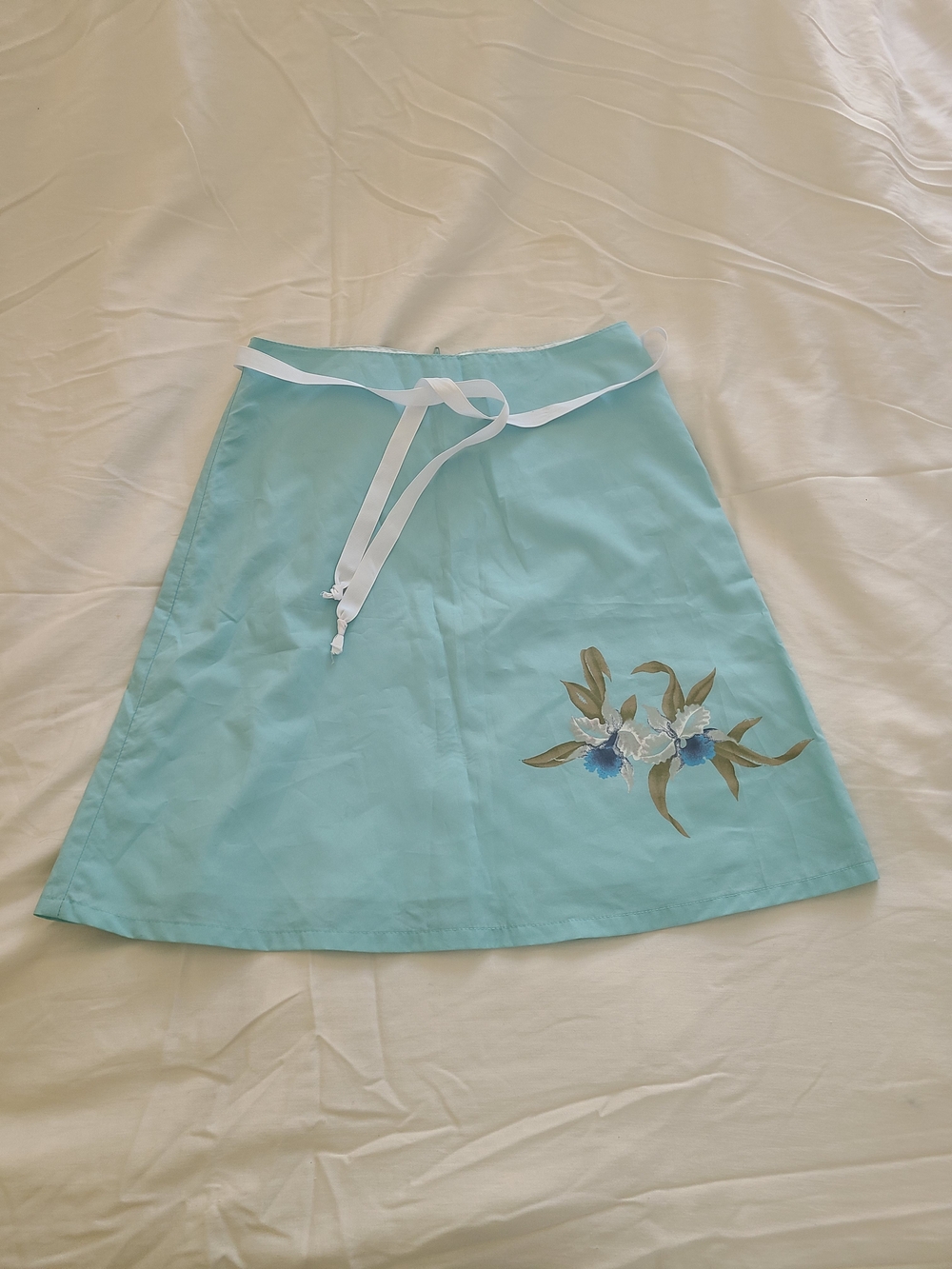 Vintage Roxy Light Blue A-Line Skirt White Ribbon Waist Tie Size 1